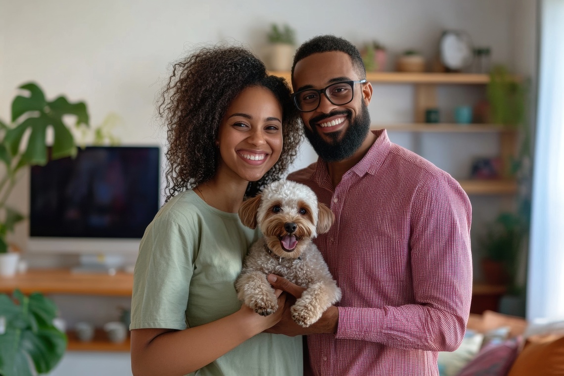 happy couple with dog